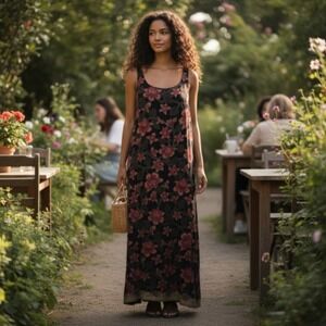 Silk Floral Maxi Dress Black Red Sleeveless 100% Silk Boho Resort Pullover Lined